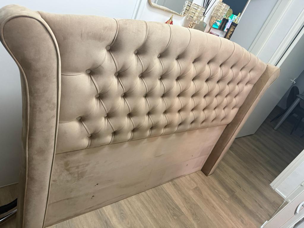 Luxe Velvet Bedhoofdbord + 2 Nachtkastjes – Champagne/Beige, Ophalen of Verzenden, Zo goed als nieuw, 200 cm of meer, Minder dan 100 cm