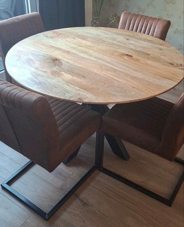 Ronde mangohouten eettafel 140 cm - Industrieel, Huis en Inrichting, Tafels | Eettafels, Ophalen, Rond, Zo goed als nieuw, 100 tot 150 cm