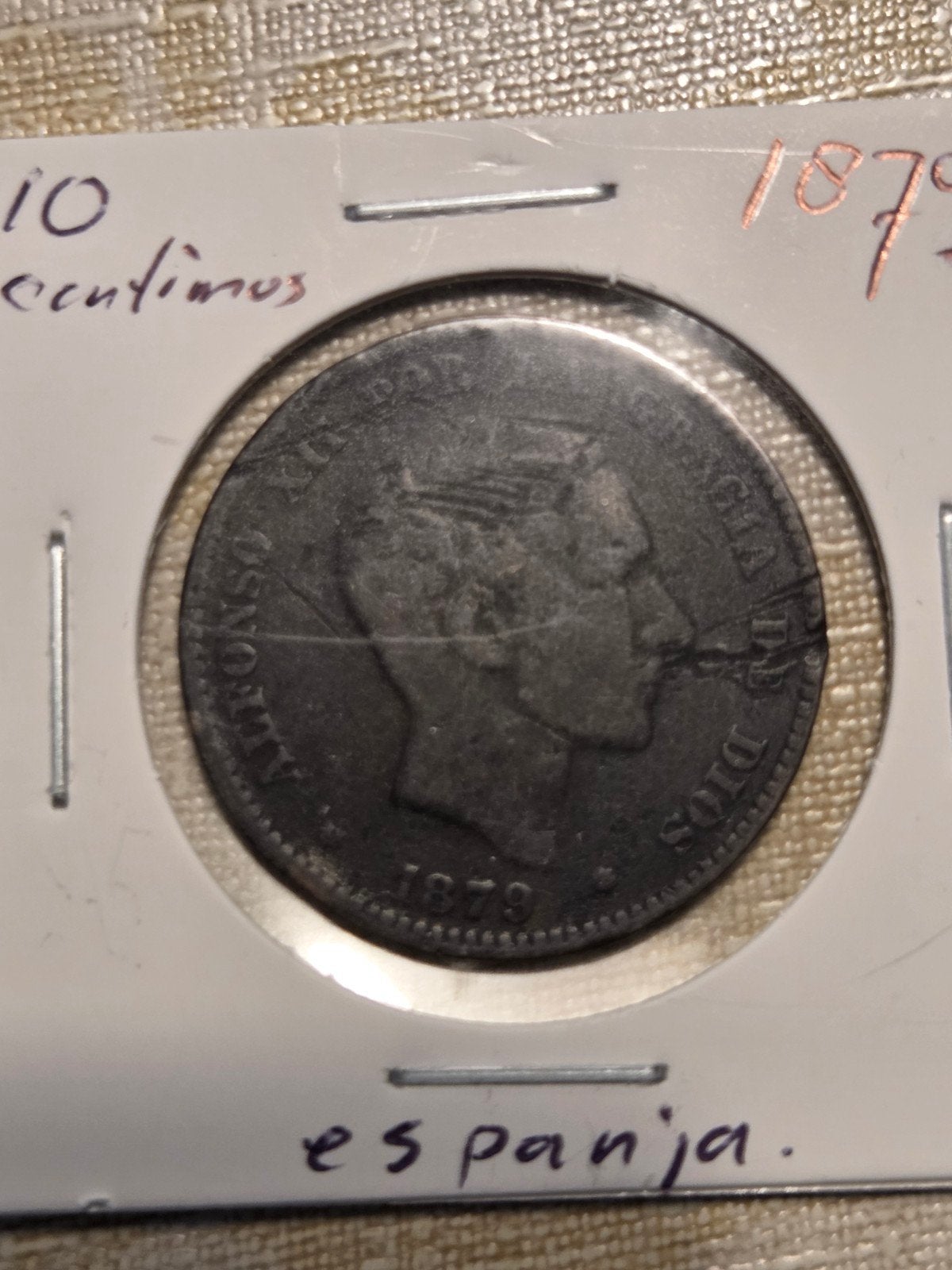 Zeldzame Spaanse 10 Centimos munt uit 1879, Ophalen of Verzenden, Overige landen, Losse munt