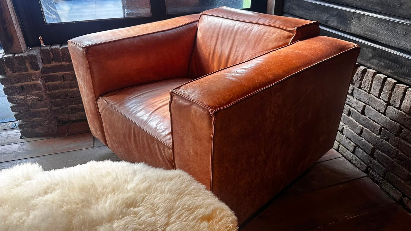 Comfortabele leren fauteuil - Cognac kleur, Ophalen, Gebruikt, Leer, 75 tot 100 cm