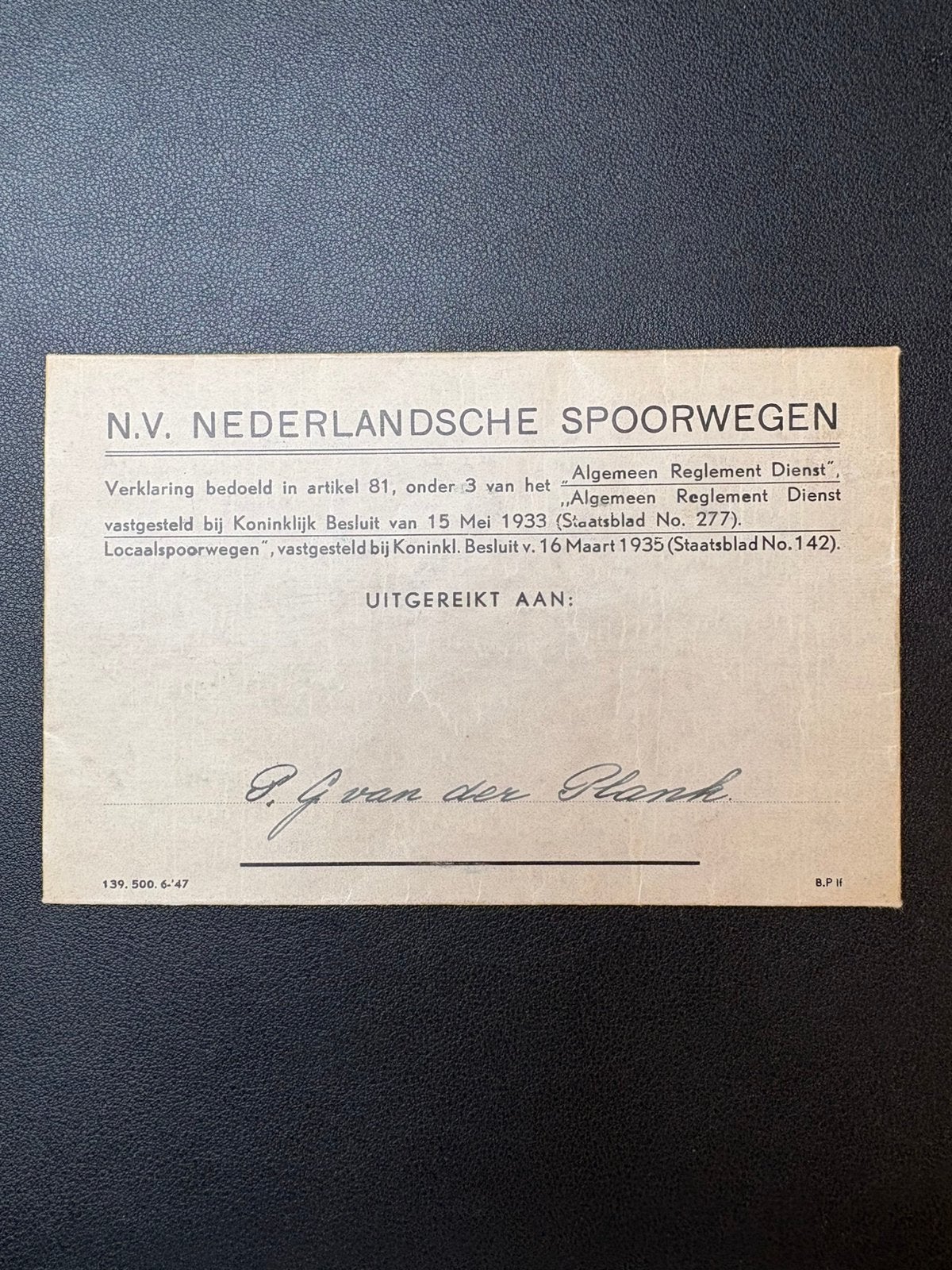 Envelop NS ‘Uitgereikte verklaring Alg. Regl. dienst’ (1947), Verzamelen, Ophalen of Verzenden, Gebruikt, Trein