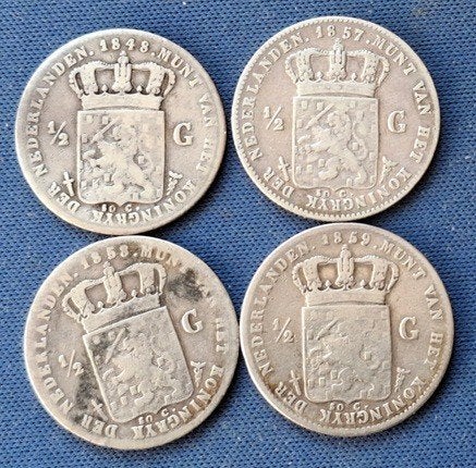 Nederland ½ gulden 1848, 1857, 1858 en 1859, ½ gulden, Koning Willem III, Verzenden, Zilver