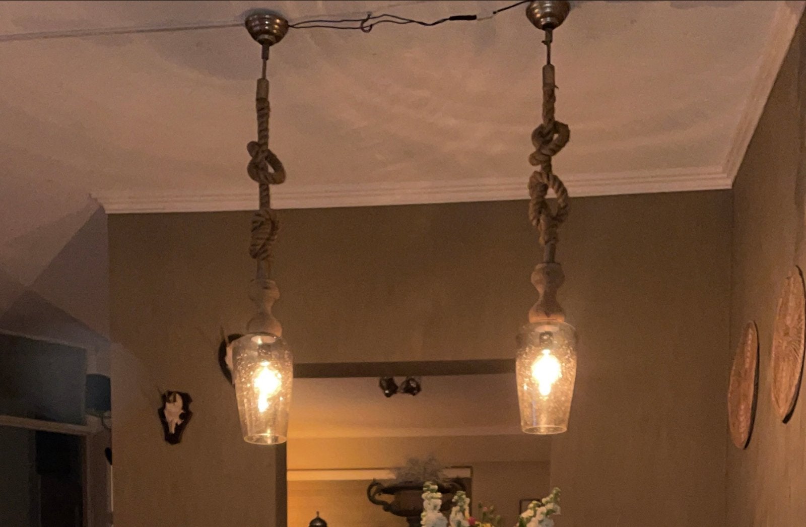PTMD hanglampen set van 2–glas, hout en touw-, Ophalen, Zo goed als nieuw, Glas