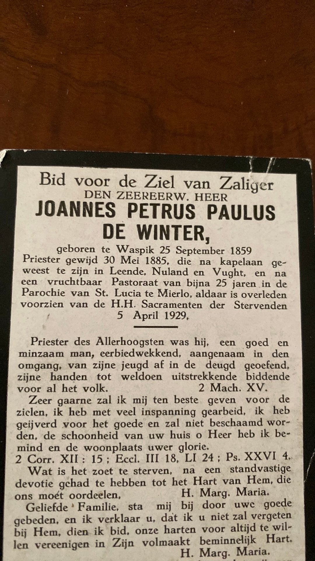 pastoor de Winter 1859 Waspik 1929 Mierlo, Verzamelen, Bidprentjes en Rouwkaarten, Ophalen of Verzenden, Bidprentje