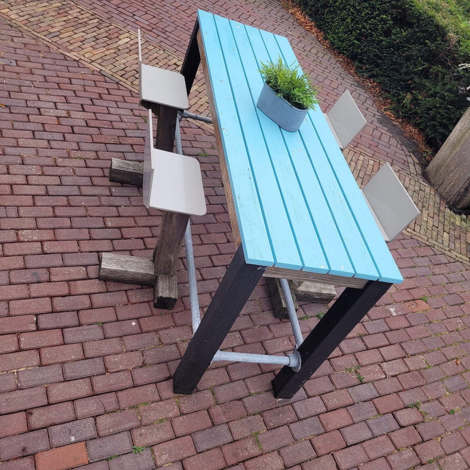 Stevige bartafel met bankjes - Blauw/Hout douglas, Tuin en Terras, Tuintafels, Ophalen, Gebruikt, Rechthoekig, Hout