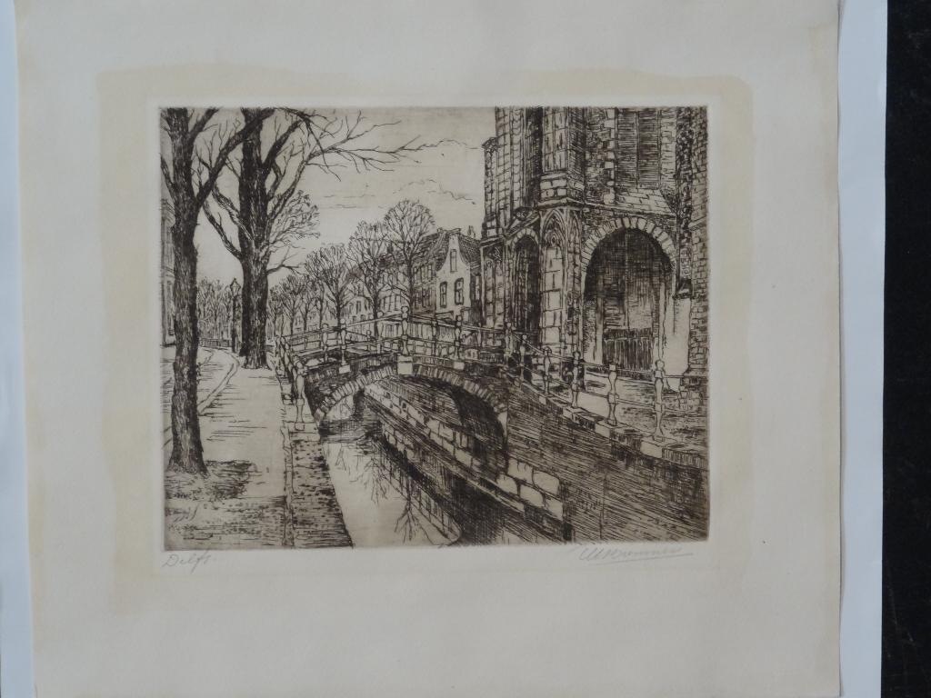 ets portiek Oude kerk gracht Delft H.W. Bremmer 1920, Antiek en Kunst, Stadsgezicht, Origineel, 1900 - 1949, Verzenden