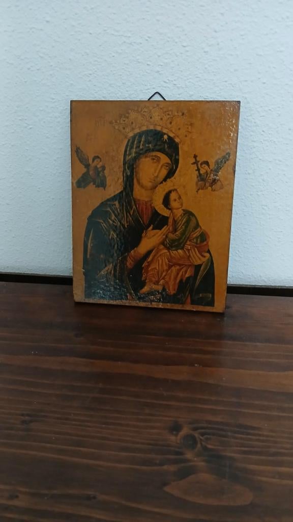 Icoon op hout Maria en kind Jezus, Ophalen of Verzenden, Gebruikt, Overige typen, Christendom | Katholiek