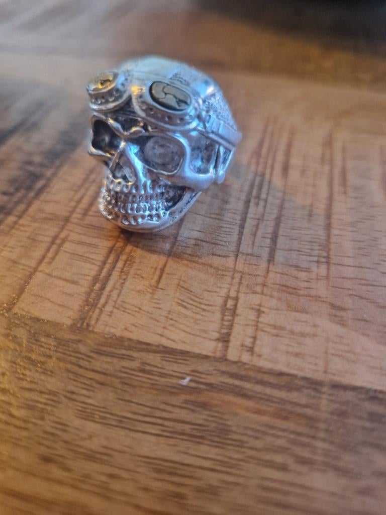 925 zilveren ring, doodshoofd met duikbril. Maat 19,5., Ophalen of Verzenden, Zilver, Ring, Met edelsteen