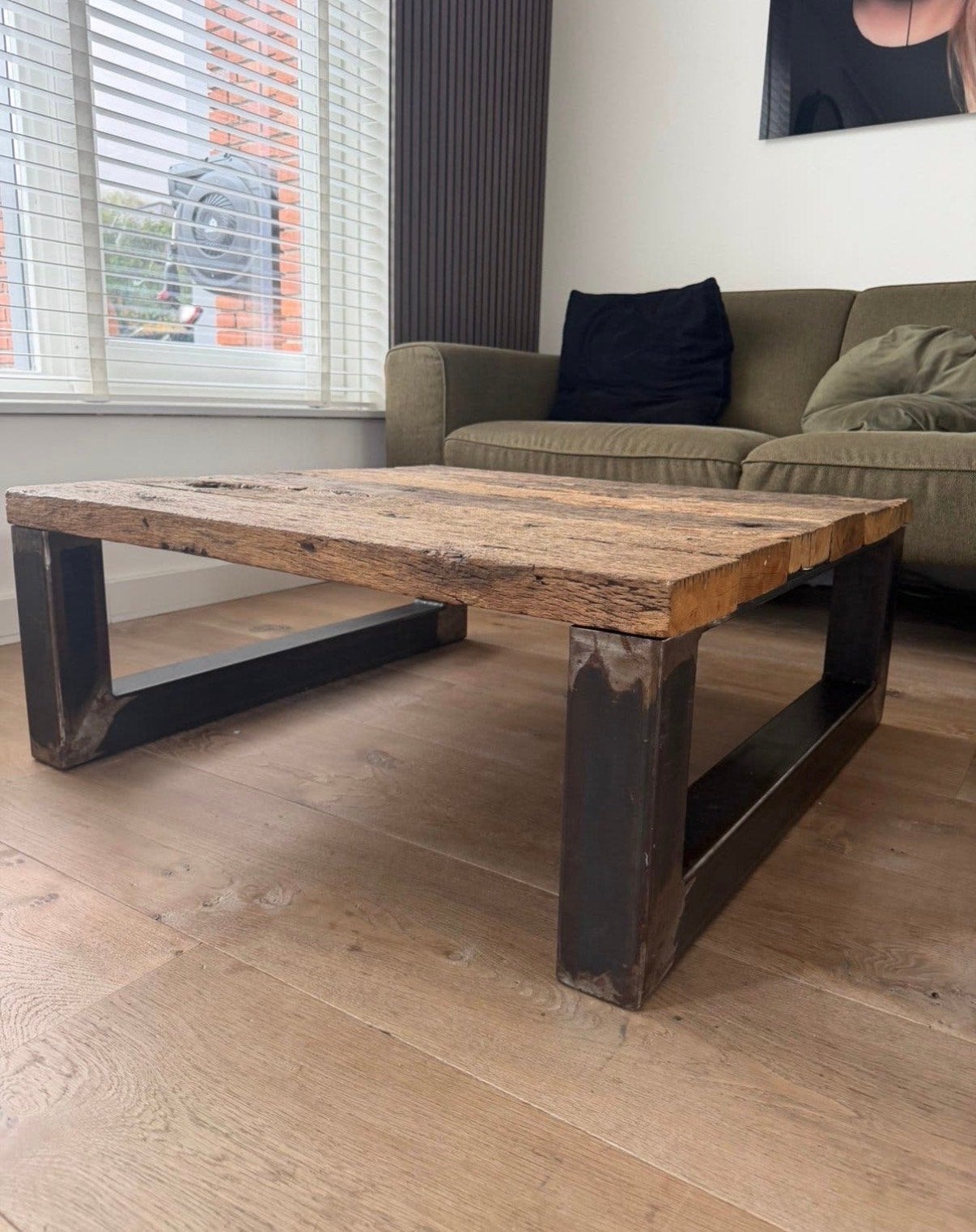 Industriële salontafel van oude wagonplanken, Ophalen, Gebruikt, Vierkant, 50 tot 100 cm