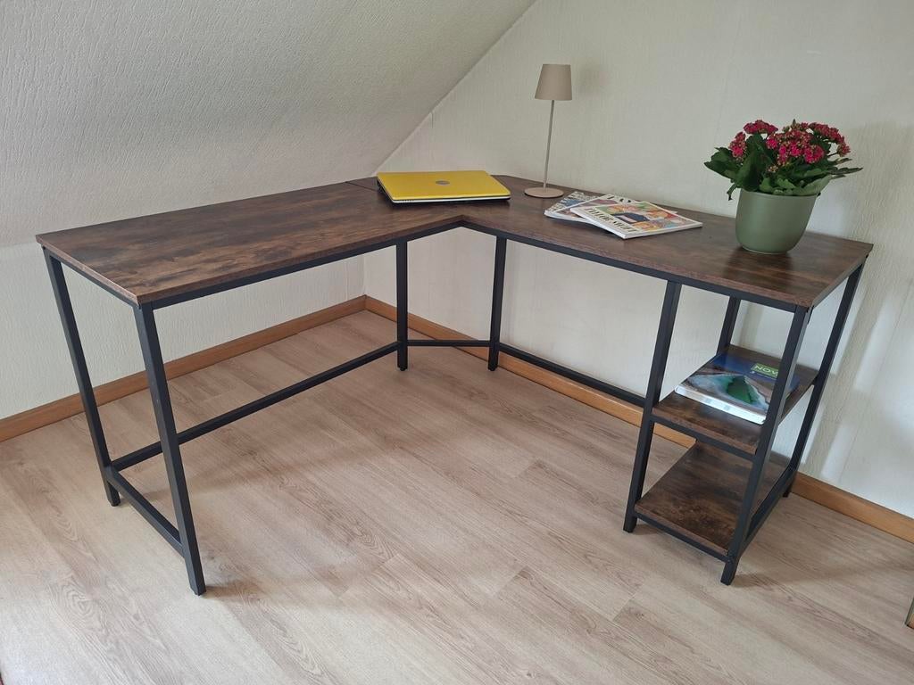 Hoekbureau met opbergruimte, industrieel design, Ophalen, Opbergruimte, Metaal, Hoekbureau