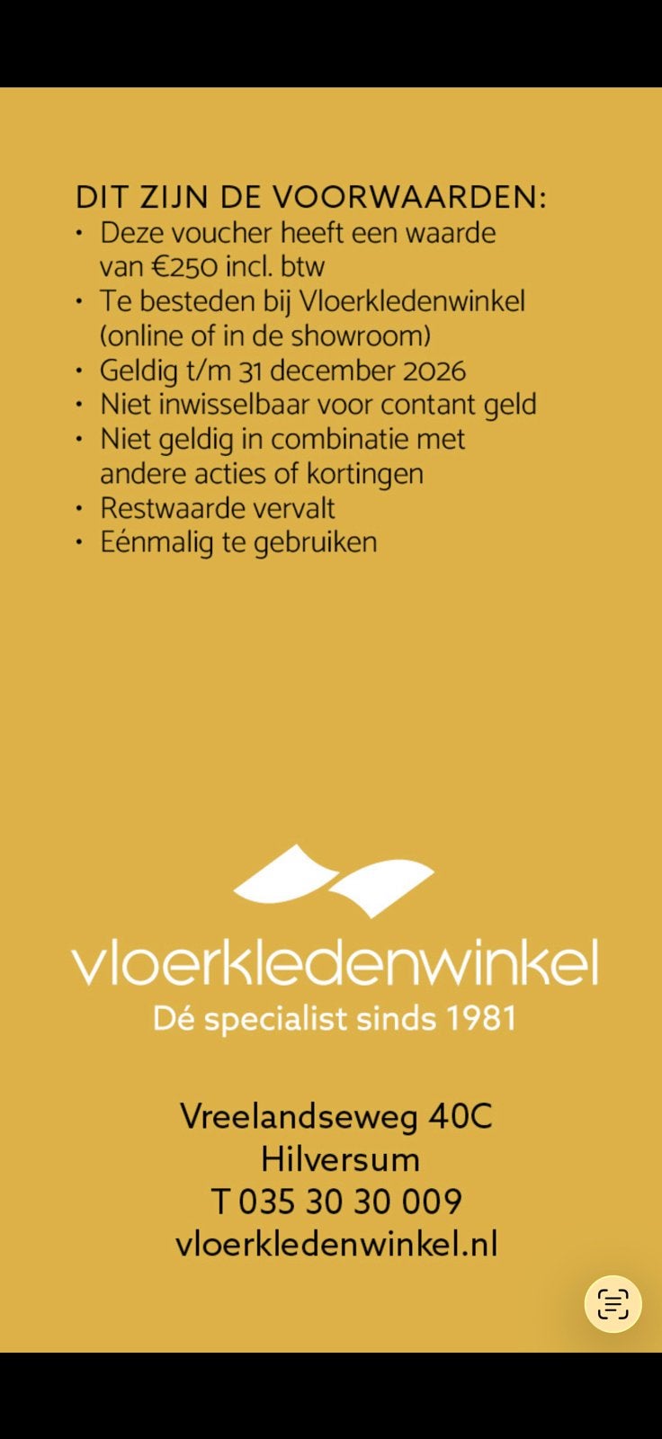 Voucher tvw 250 euro vloerkleden, Tickets en Kaartjes, Eén persoon, Cadeaubon