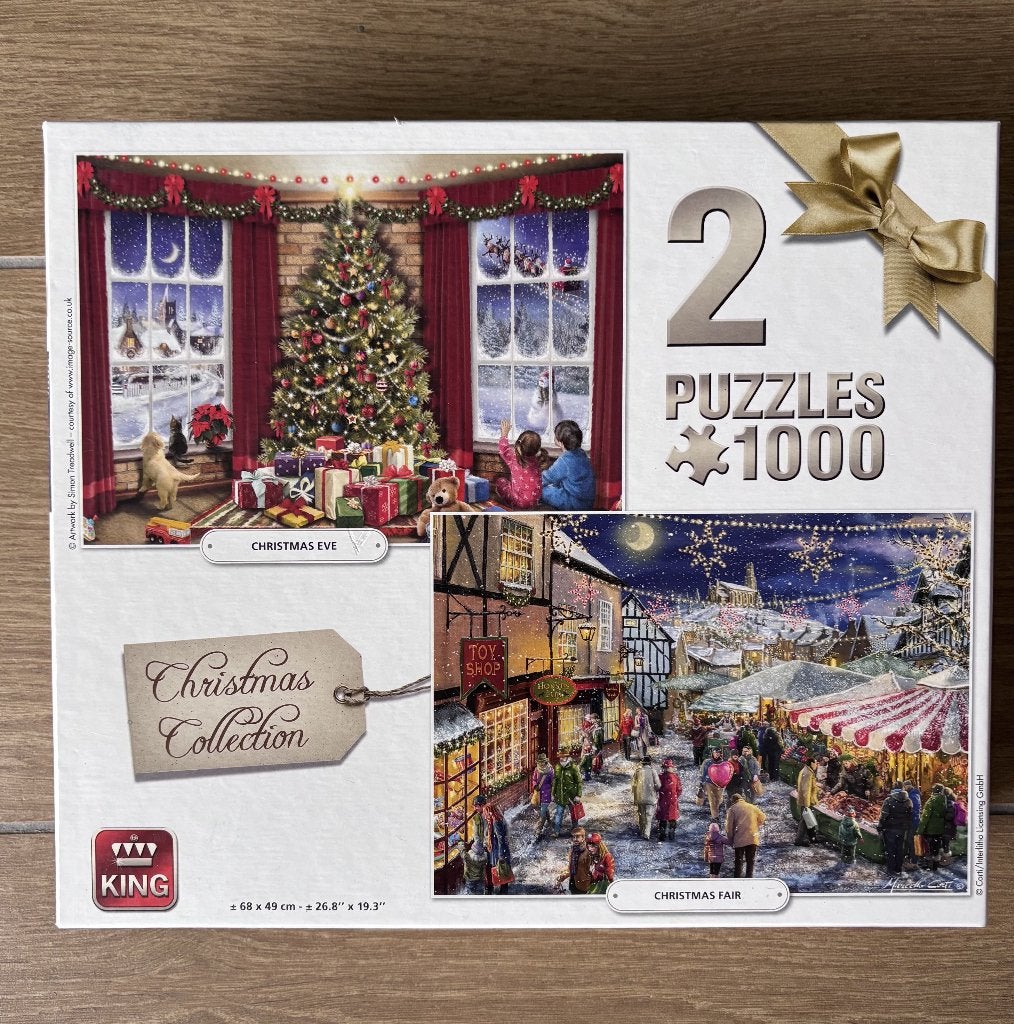 King Kerstpuzzel set van 2x 1000 stukjes, Ophalen of Verzenden, 500 t/m 1500 stukjes, Zo goed als nieuw, Legpuzzel