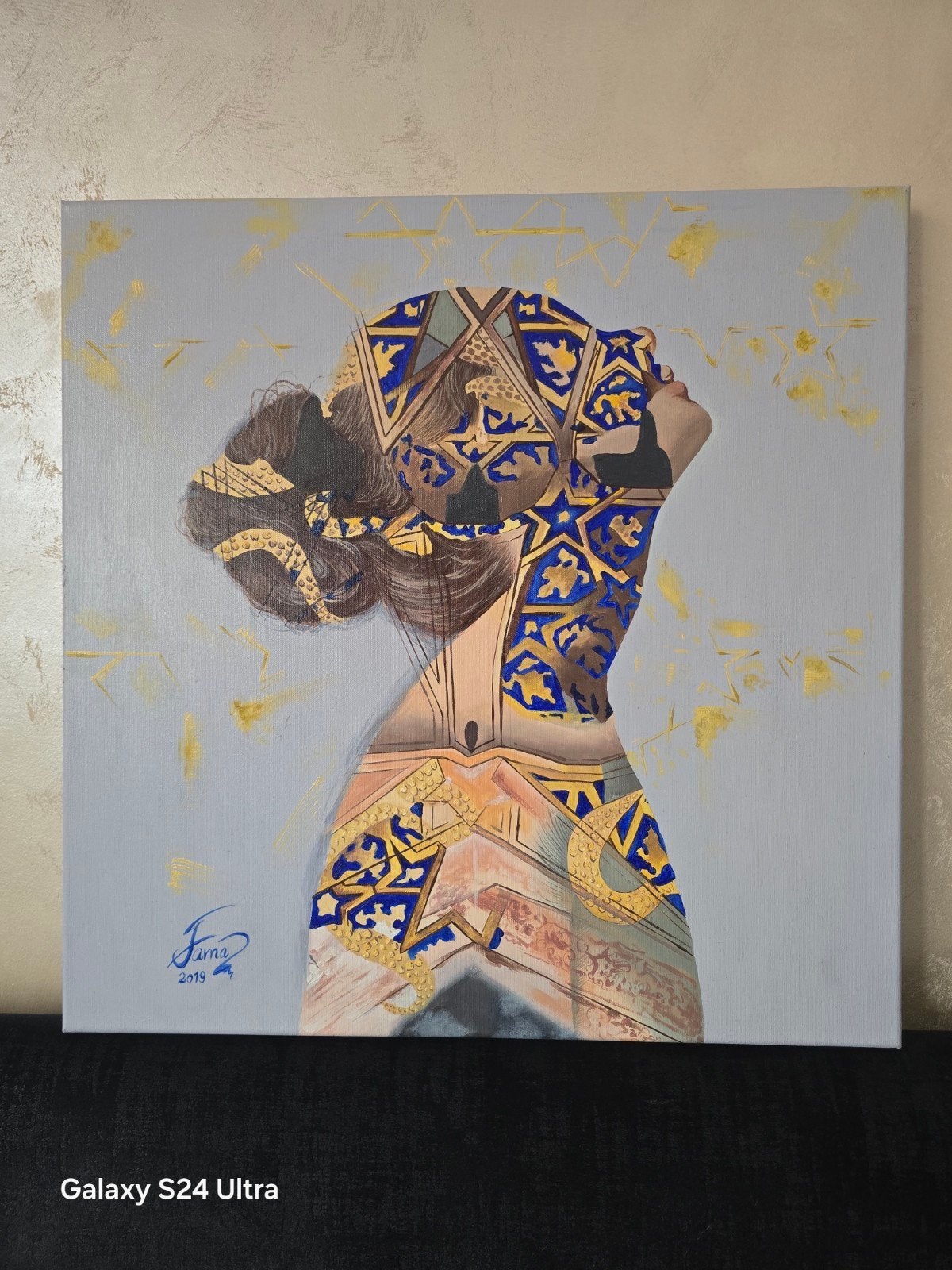 Uniek handgeschilderd kunstwerk - Vrouwenfiguur met patronen, Ophalen of Verzenden