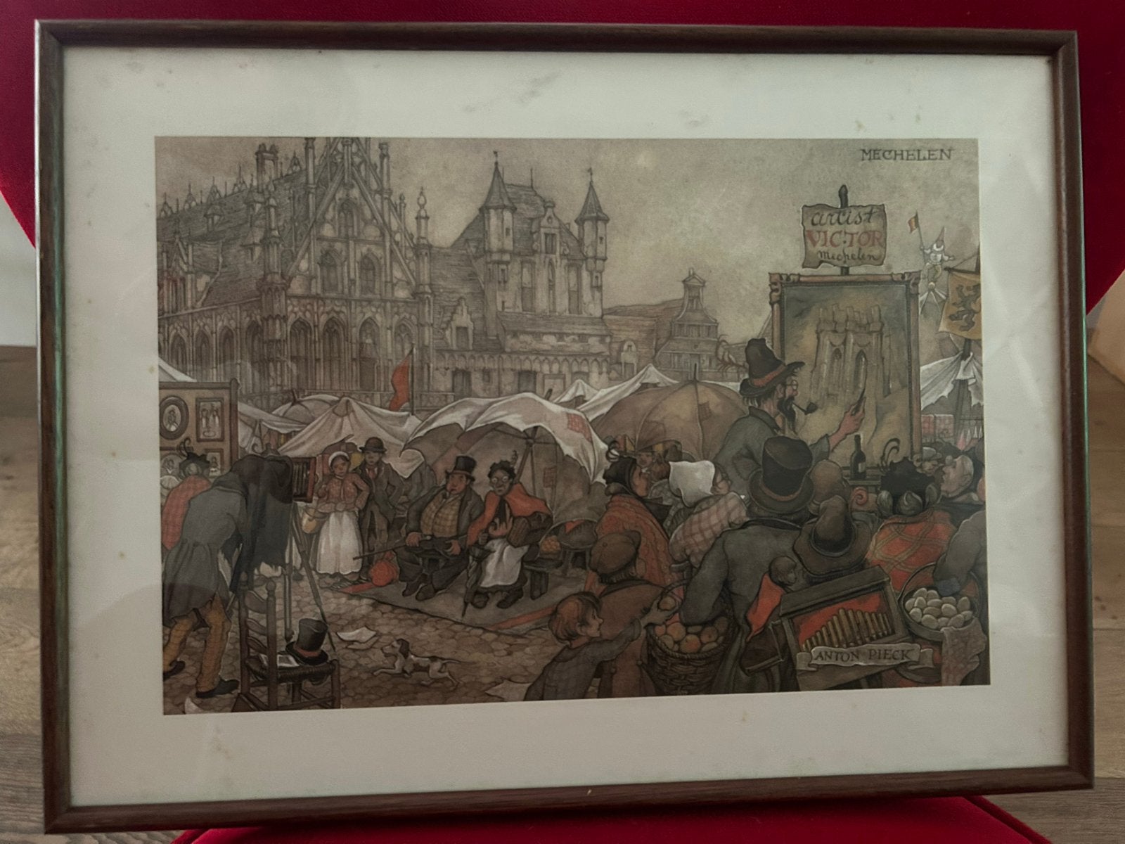 Anton Pieck print 'Mechelen' - Marktscène - replica, Achter glas, Realistisch, Ophalen of Verzenden, Print