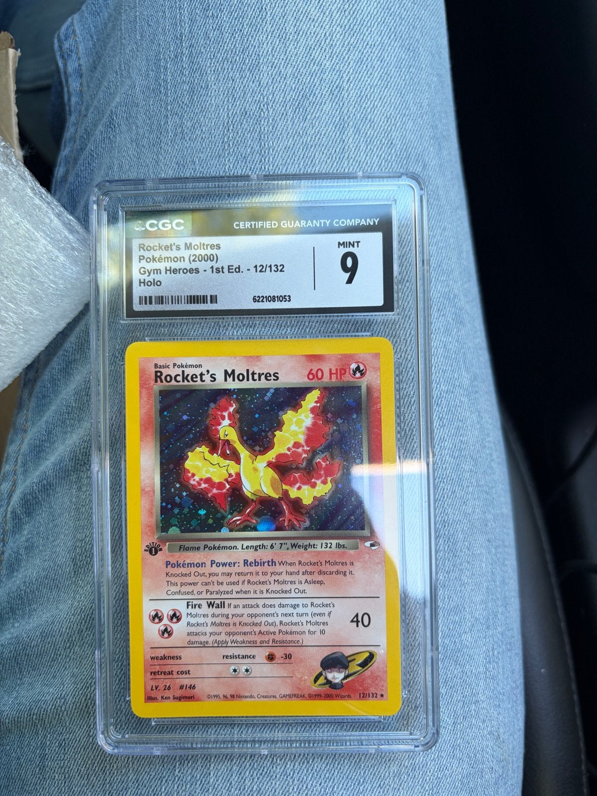 Rocket's Moltres #12 CGC 9 Mint - Pokémon Gym Heroes 1st Ed., Ophalen of Verzenden, Zo goed als nieuw, Losse kaart, Foil