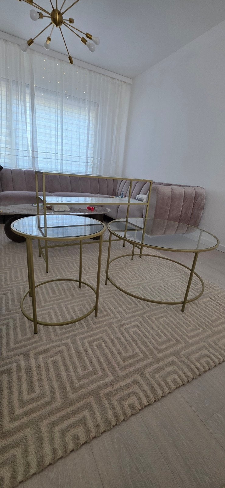Gouden set: salontafel, bijzettafels, dressoir met glas, Ophalen of Verzenden, Zo goed als nieuw, Rond, Glas