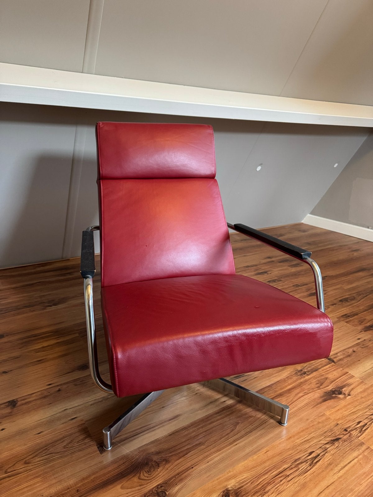 Vintage Harvink design fauteuil - Rood leer en chroom, Ophalen, Gebruikt, 50 tot 75 cm, Leer