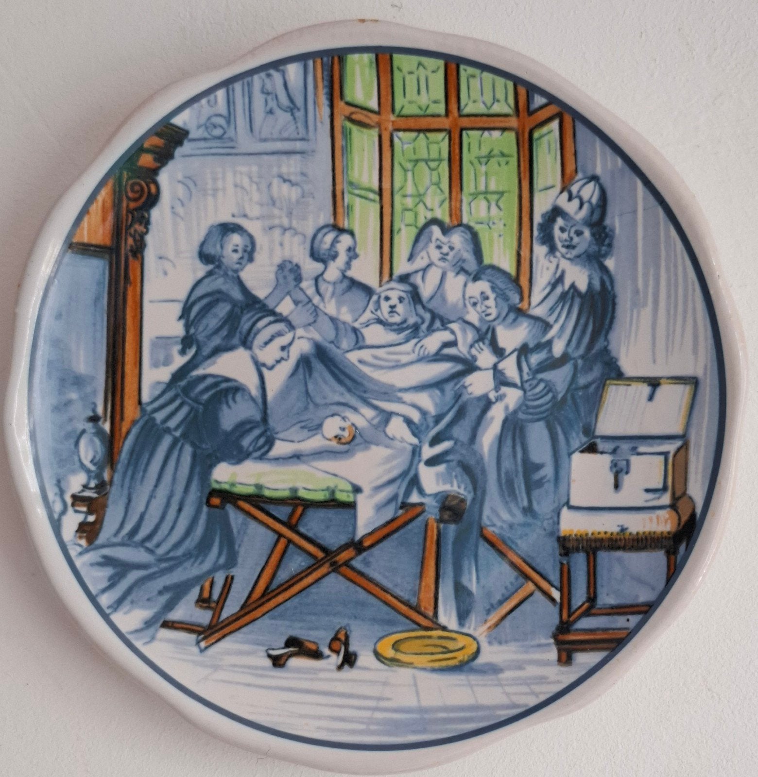 Wandbord. Geboorte. Middeleeuws kraambed. Pottershuis., Ophalen