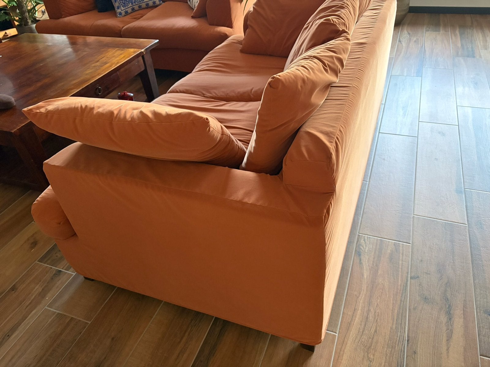 TERRACOTTA KLEURIGE 2,5 ZIT-PLOFBANK, Ophalen, Gebruikt, 150 tot 200 cm, Rechte bank