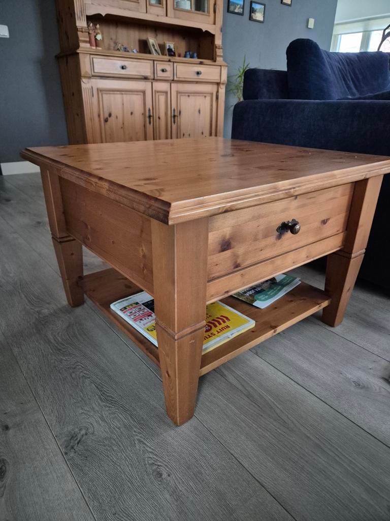 Bijzettafel, geloogd gelakt grenen met lade en plank, Huis en Inrichting, Ophalen, 25 tot 50 cm, Vierkant, 50 tot 100 cm