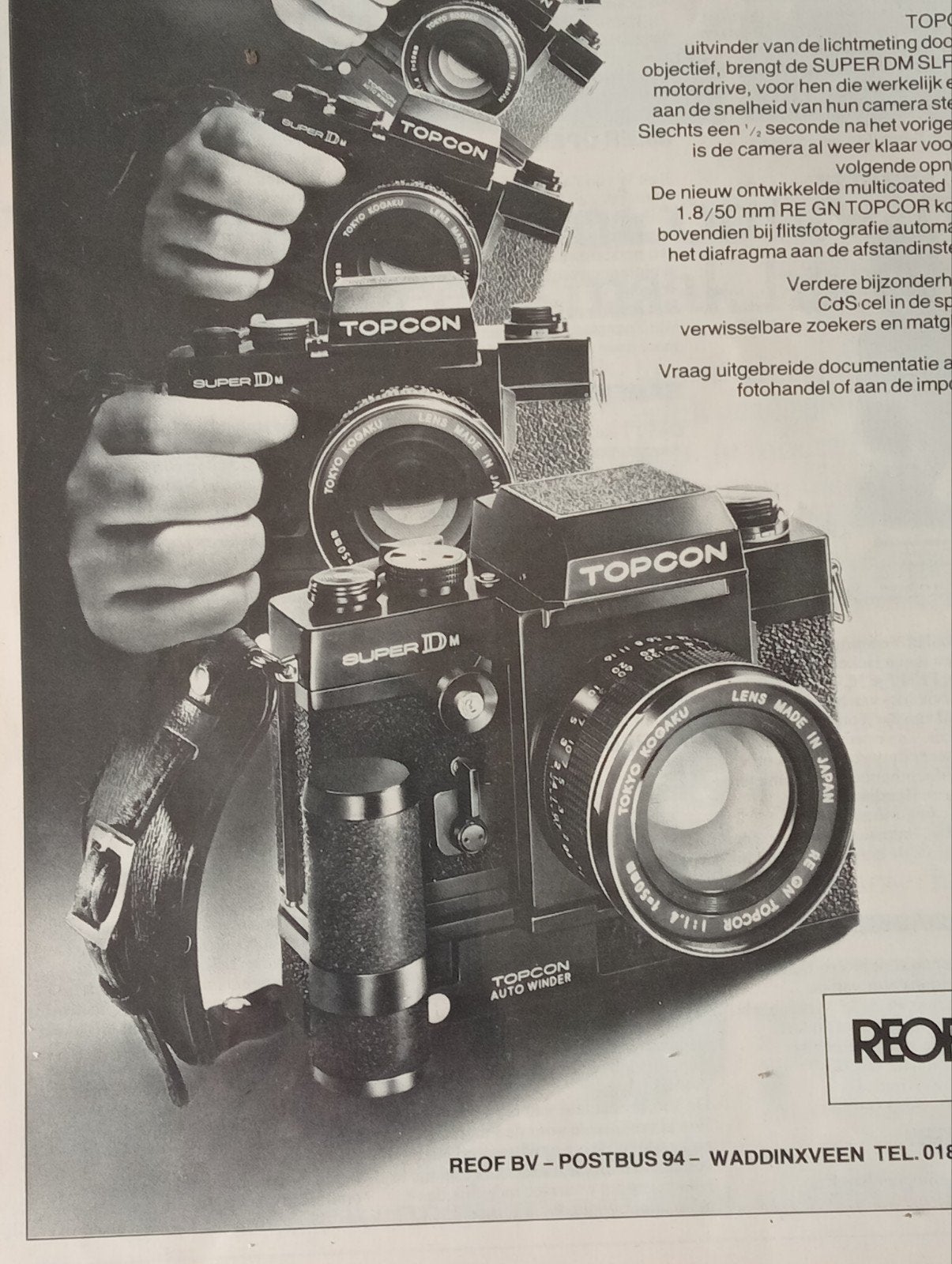 Vintage Topcon Super DM SLR camera advertentie jaren '70, Ophalen of Verzenden, Knipsel(s)