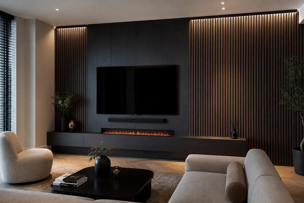 Modern TV-meubel met sfeerhaard en wandpanelen, Ophalen, Zo goed als nieuw, 200 cm of meer, 150 tot 200 cm