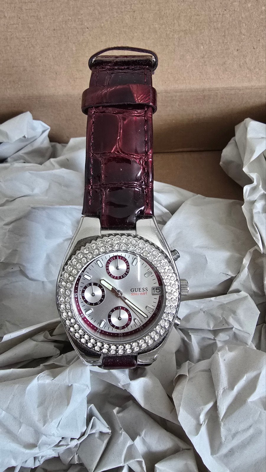 Guess Dames Chronograaf Horloge met Strass en Leren Band, Staal, Guess, Polshorloge, Ophalen of Verzenden