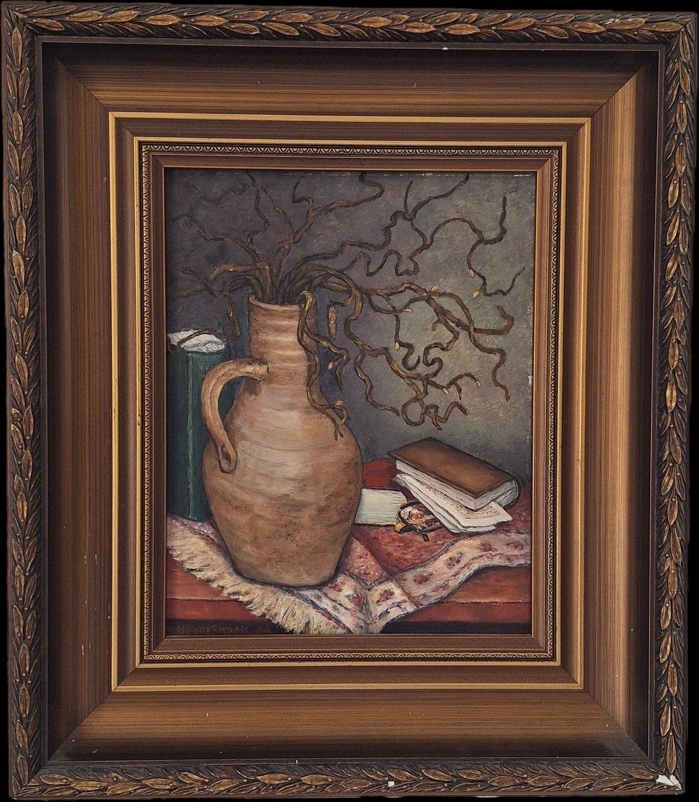 Stilleven met vaas en boeken - Gesigneerd schilderij, Antiek en Kunst, Kunst | Schilderijen | Klassiek, Ophalen of Verzenden
