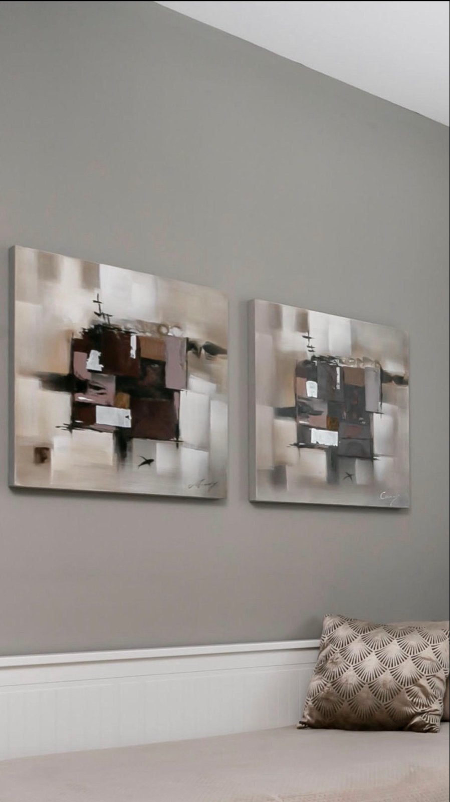 Set van 2 abstracte schilderijen.Bruin/Beige/taupe 60x60 p.s, Ophalen of Verzenden