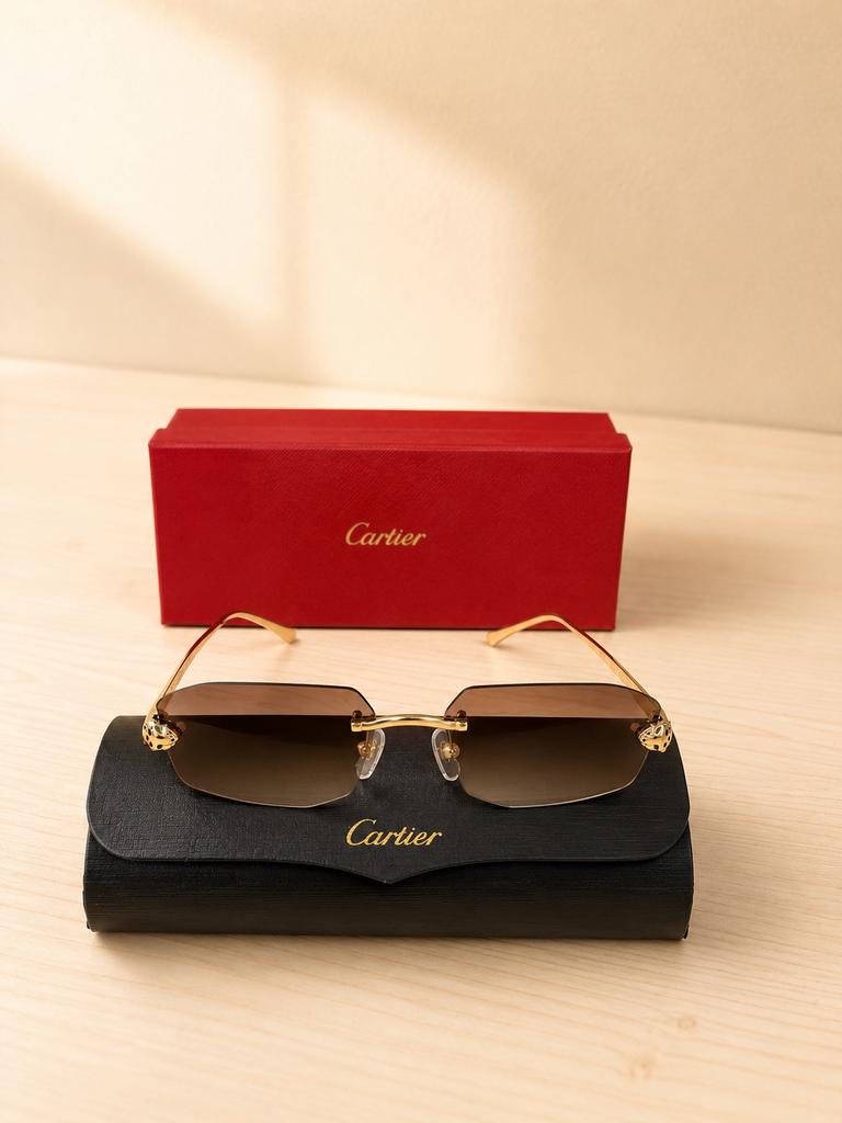 Cartier CT0509S Rimless Gold Brown Lens Zonnebril Compleet, Sieraden, Tassen en Uiterlijk, Zonnebrillen en Brillen | Heren, Ophalen of Verzenden