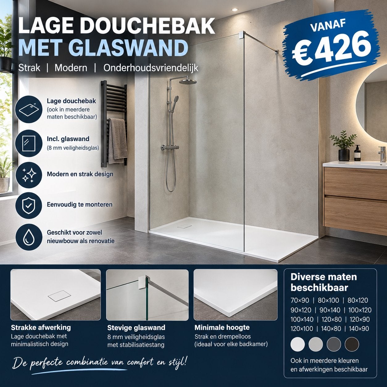 Lage douchebak met glaswand – inloopdouche vanaf €426, Doe-het-zelf en Verbouw, Info@bewustsanitair.nl, Delta 1, Nieuw, Ophalen of Verzenden