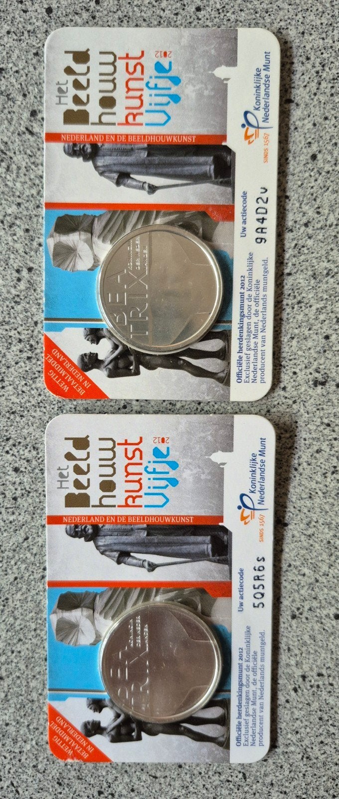 Beeldhouwkunst Vijfje 2012 2x zwaar verzilverde munten zgan, Setje, Koningin Beatrix, Zilver, Euro's