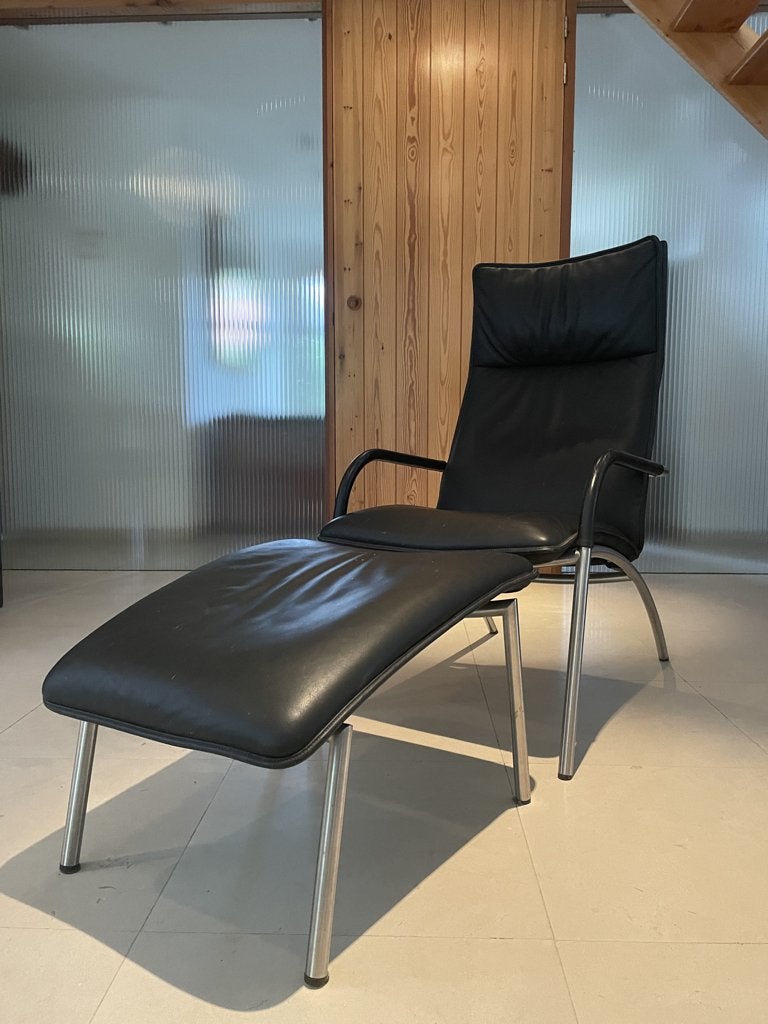 Vintage Design Lounge Chair met hocker, Ophalen, Gebruikt, Leer, 75 tot 100 cm