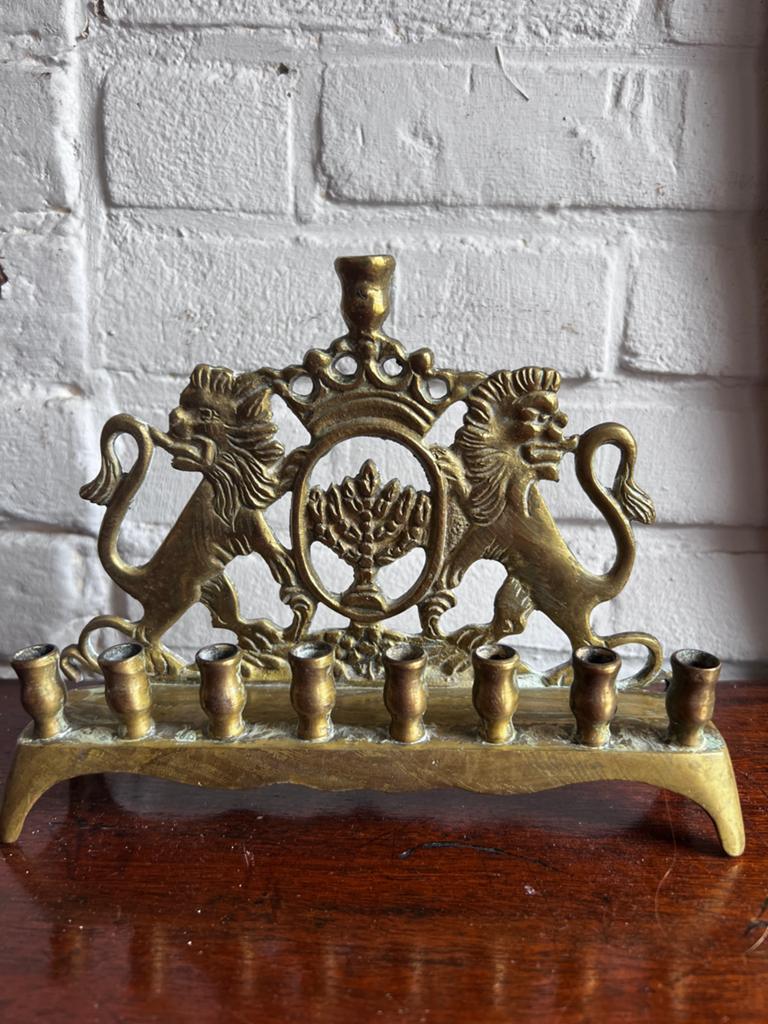 Vintage Koperen Menorah met Leeuwen en Levensboom, Ophalen of Verzenden