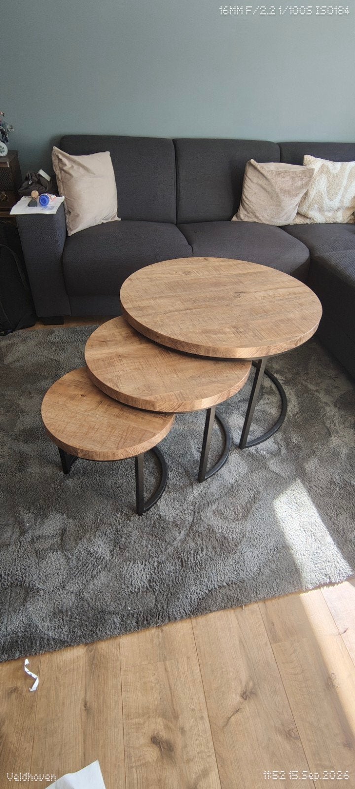 Set van 3 ronde salontafels - mangohout en metaal, Huis en Inrichting, Ophalen, Gebruikt, Rond, Overige houtsoorten