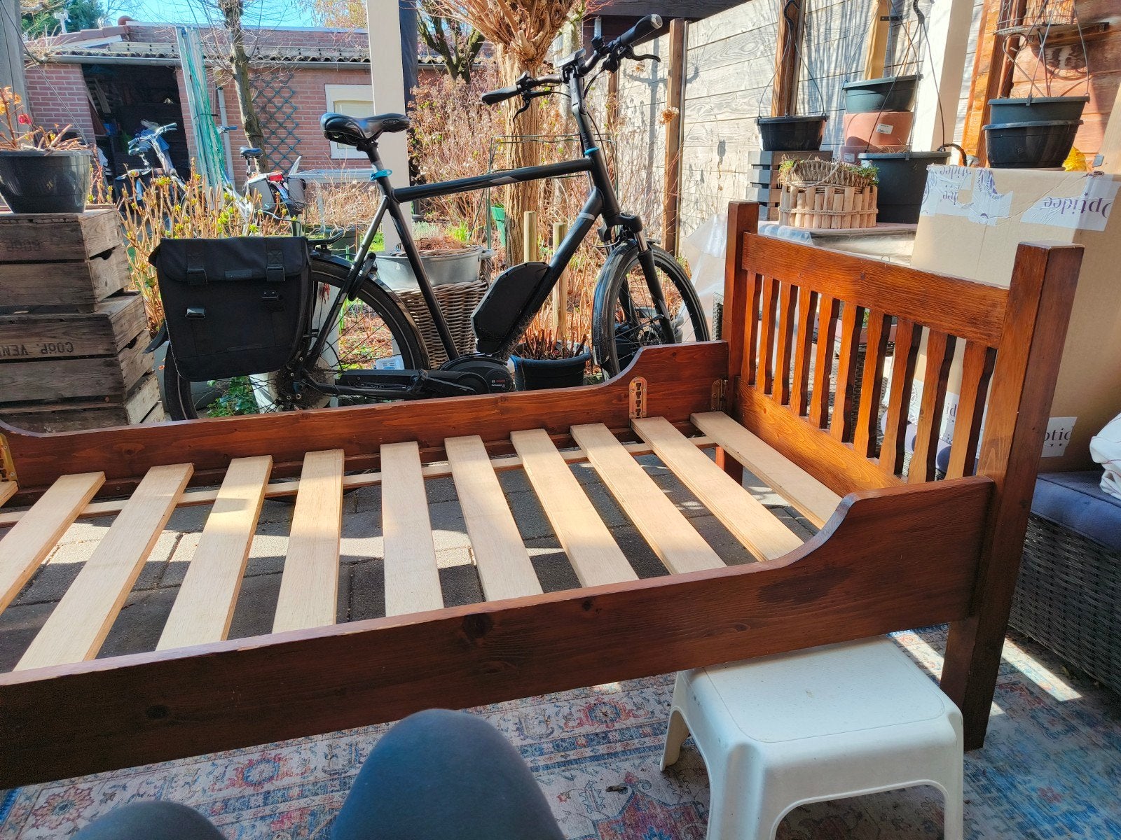1 persoons ledikant met bodem 90/200 hout /spijlen, Gebruikt, 90 cm, Eenpersoons, Ophalen of Verzenden