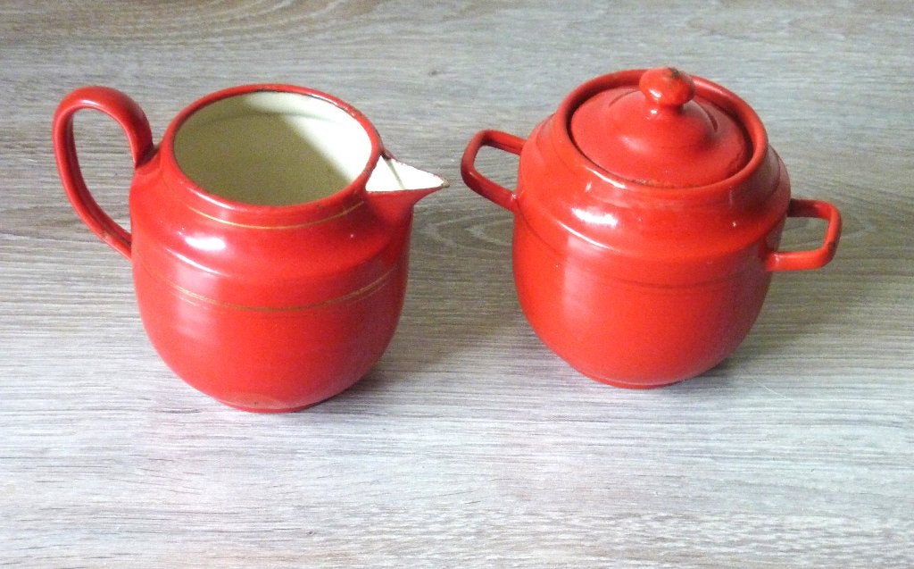 Emaille suiker en melkkan in rood met bies APART, Antiek en Kunst, Ophalen of Verzenden