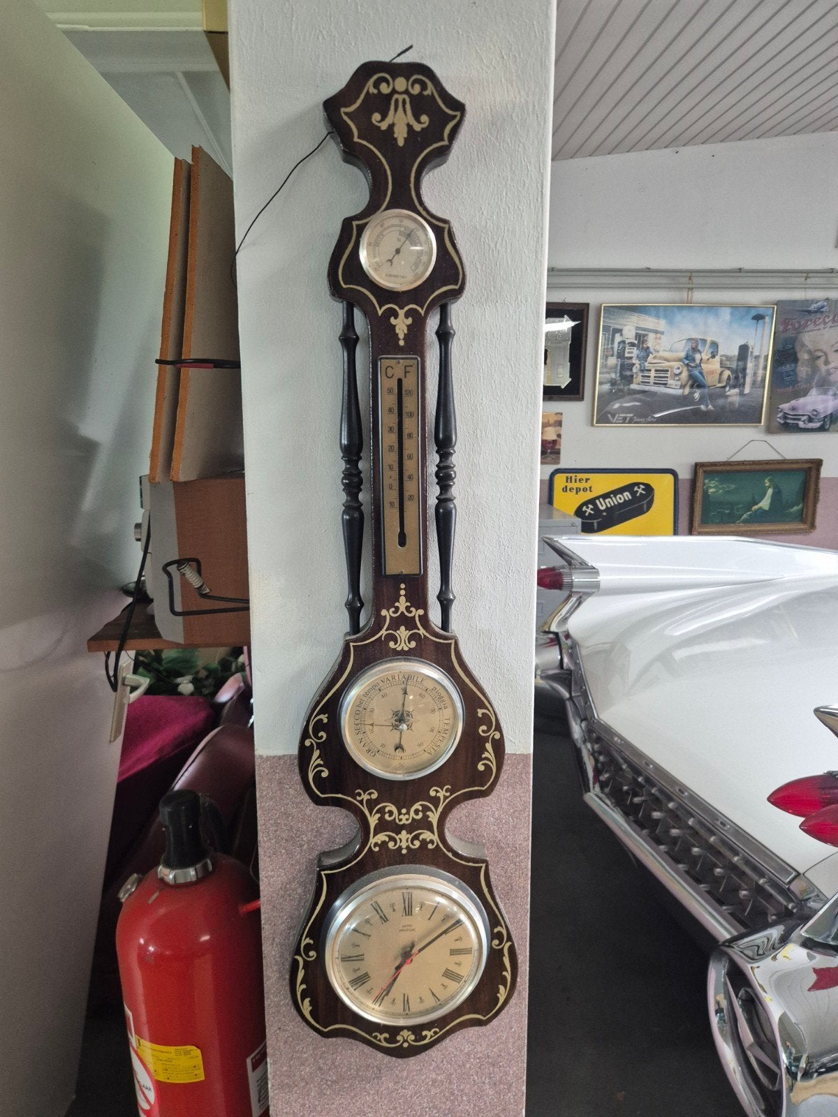 Antiek Weerstation met Barometer, Thermometer en Klok, Audio, Tv en Foto, Weerstations en Barometers, Ophalen of Verzenden, Gebruikt
