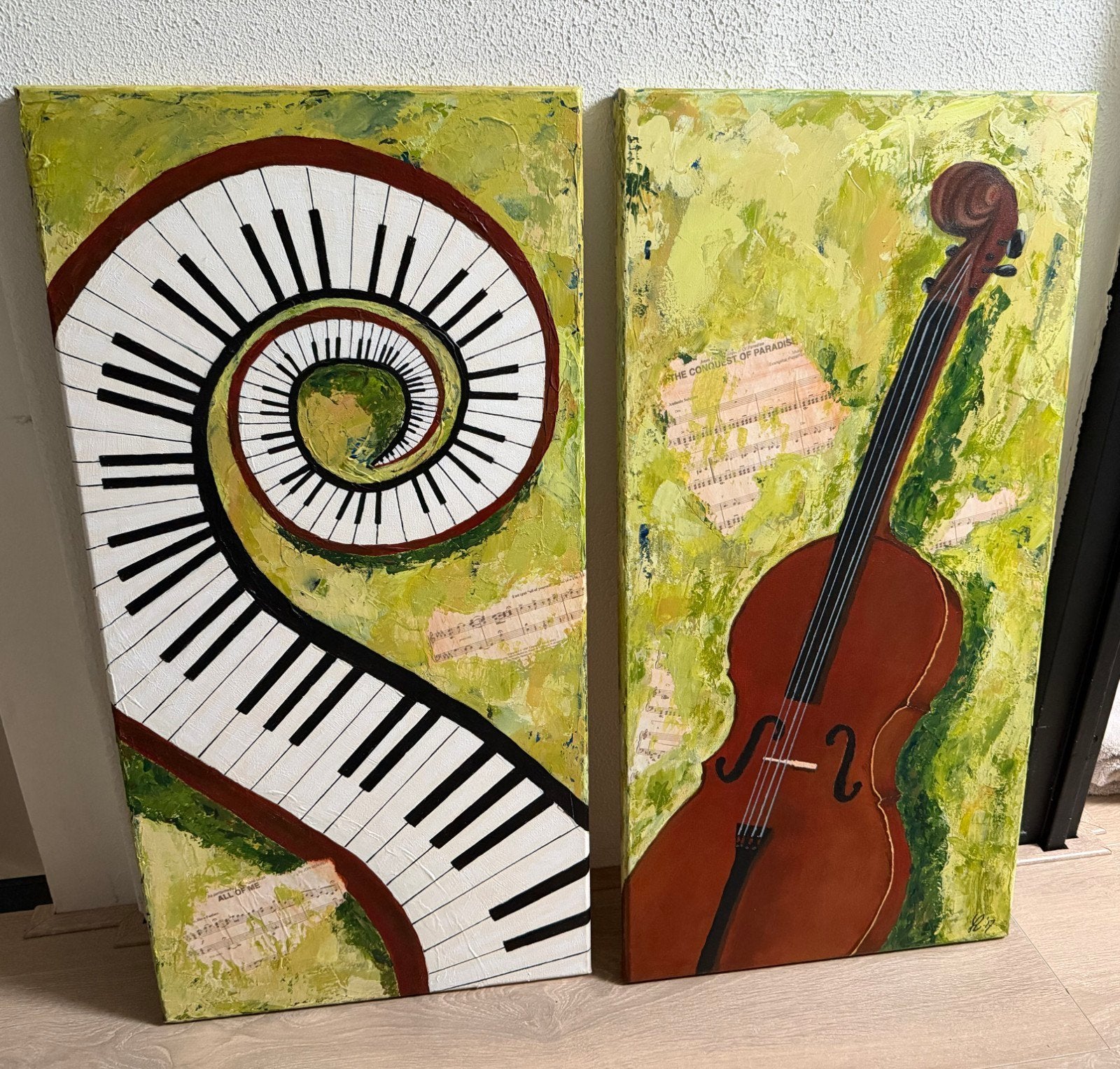 Tweeluik schilderijen: Piano en Cello - 80x40 cm, Antiek en Kunst, Kunst | Schilderijen | Klassiek, Acrylverf, Ophalen of Verzenden