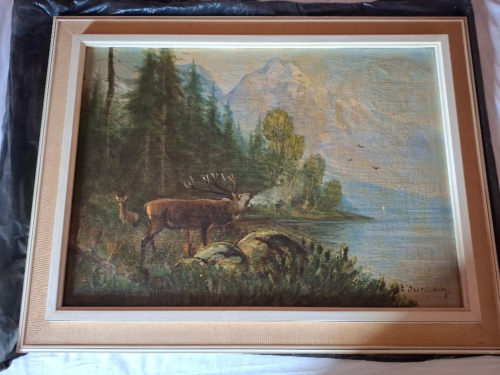 Schilderij met hert aan de rand van het bos., Ophalen, Doek, Overige technieken, Klassiek