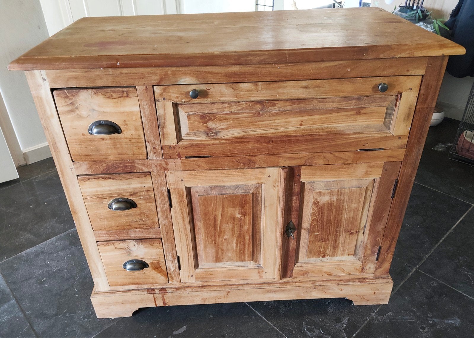 Massief houten teak  dressoir met lades en kastjes, Ophalen, Gebruikt, 100 tot 150 cm, Teakhout