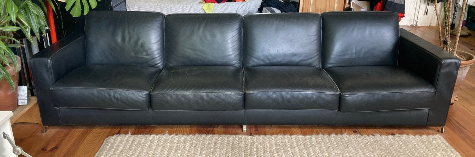 Flexform Meda Italia 4-zitsbank zwart leer, Ophalen, 250 tot 300 cm, Gebruikt, Rechte bank