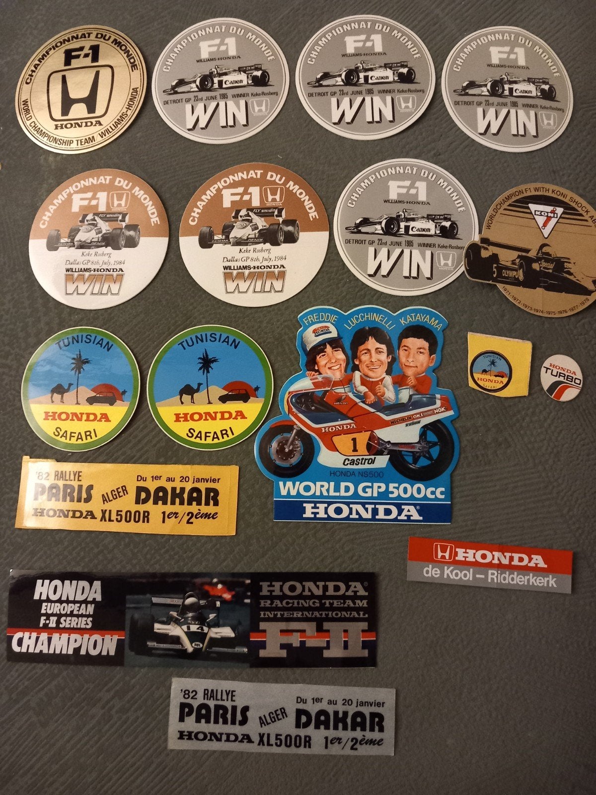 lot Honda stickers met F1, dakar, GP 500cc uit jaren 1980, Verzamelen, Ophalen of Verzenden, Gebruikt, Formule 1