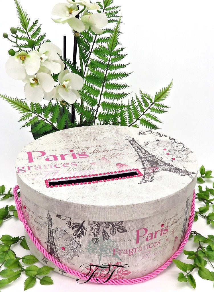 Ronde witte enveloppendoos met daarop de Eifeltoren., Ophalen of Verzenden, Nieuw, Feestartikel, Geboorte of Huwelijk