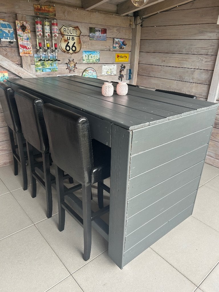 Bartafel van tuinhout met 6 barkrukken, Ophalen, 90 cm of meer, Hout, Gebruikt