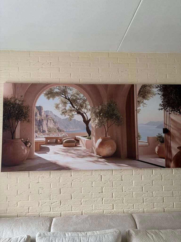 Groot Canvas Schilderij: Mediterrane Terras met Zeezicht, 50 tot 75 cm, 125 cm of meer, Ophalen of Verzenden, Zo goed als nieuw