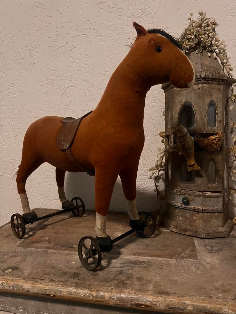 Vroege victoriaans Steiff paard wielen bij kathe Kruse pop, Ophalen