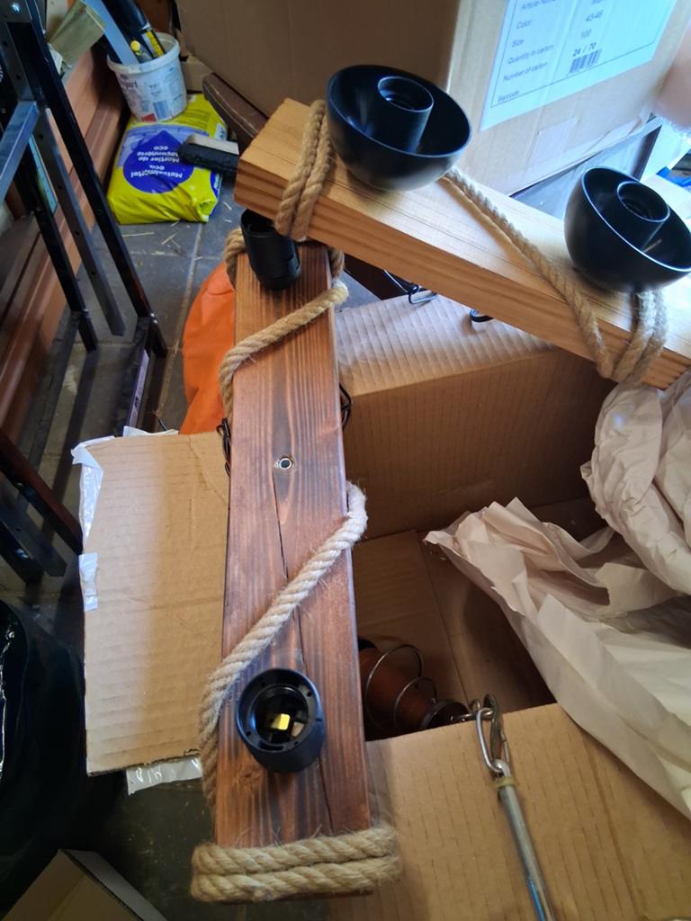 Houten hanglamp met touw en 2 fittingen, Ophalen, Nieuw