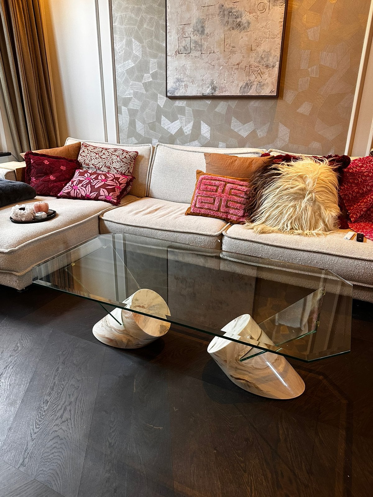 Unieke salon tafel van glas, Ophalen, 100 tot 150 cm, 50 tot 100 cm, Zo goed als nieuw