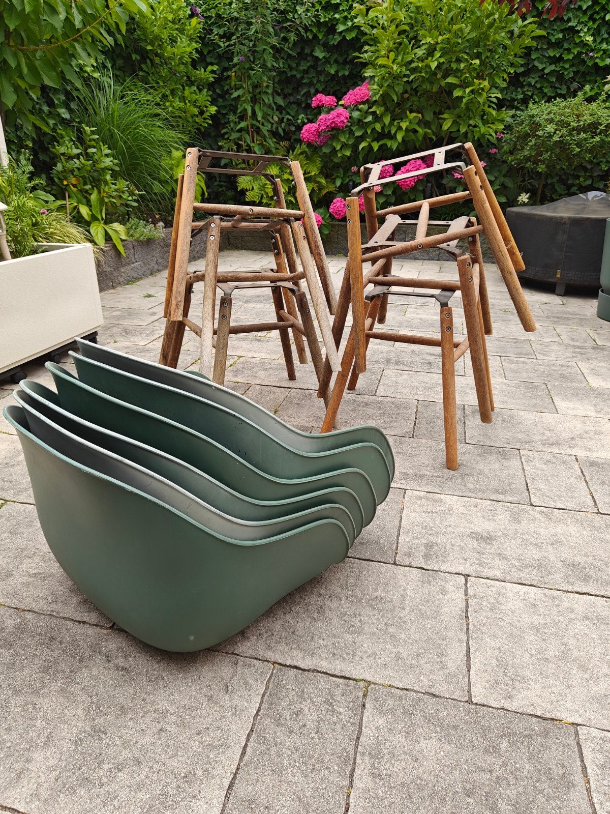 6x gebruikte groene buiten stoelen, Ophalen, Kunststof, Gebruikt, Overige kleuren